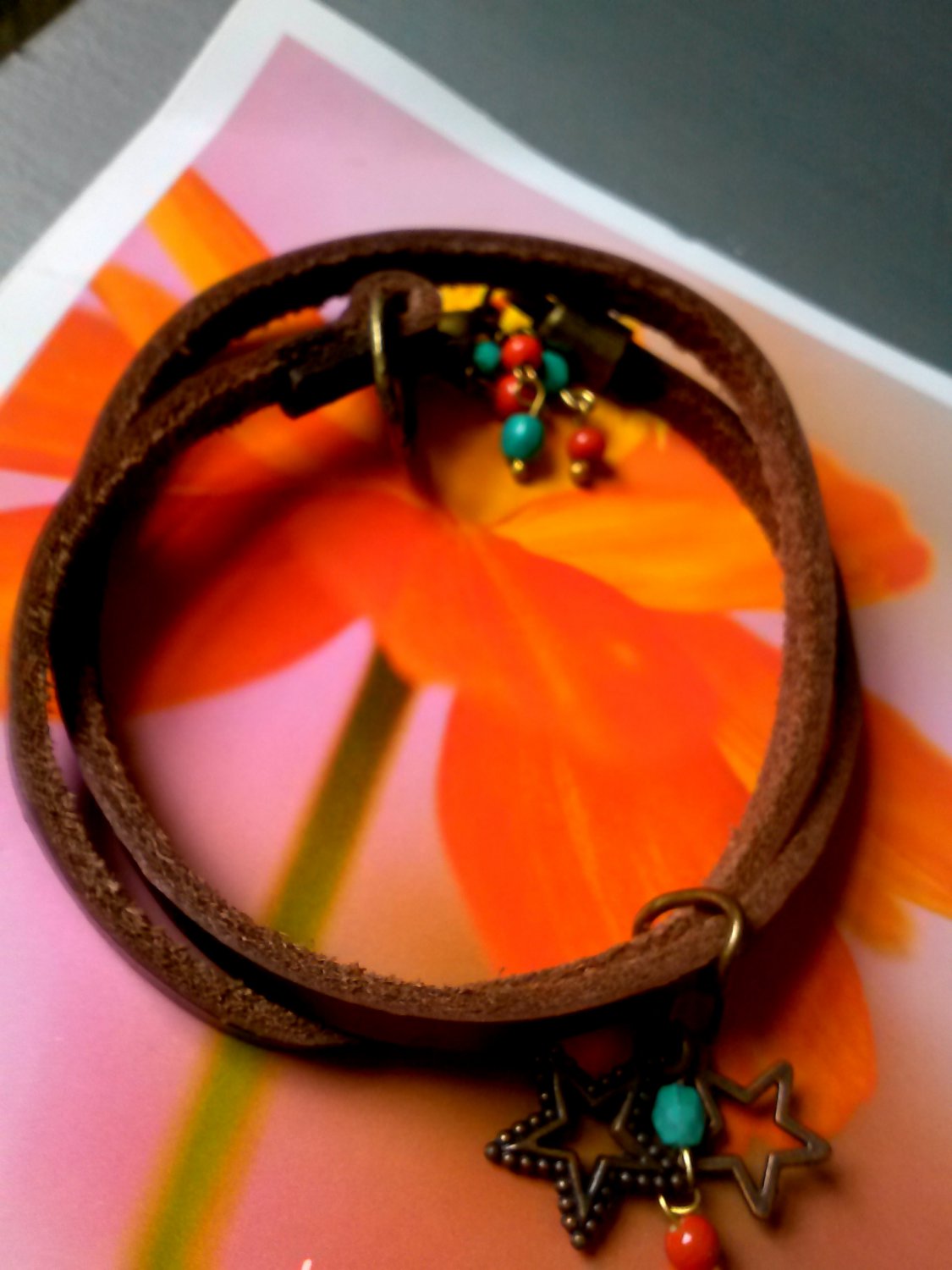brown leather wrap bracelet with 2 star charms