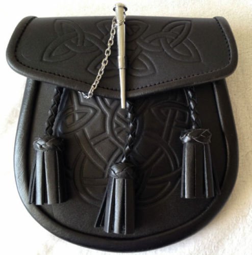 LEATHER EMBOSSED SPORRAN LEATHER 3 TASSELS THISTLE CREST DAY WEAR SPORRAN