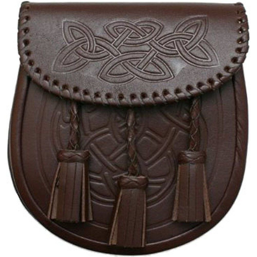 BROWN LEATHER EMBOSSED SPORRAN 3 TASSELS THISTLE SPORRAN