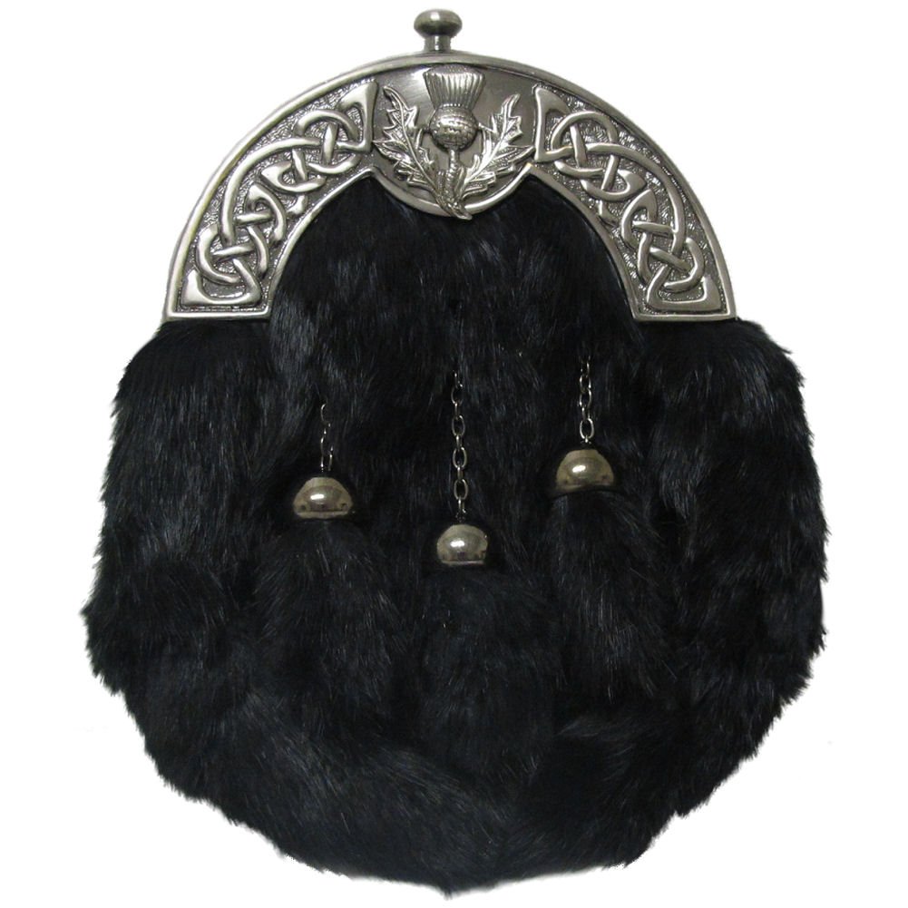 Black Rabbit Fur Skin 3 Tassel Leather Kilt SPORRAN & Belt Scottish