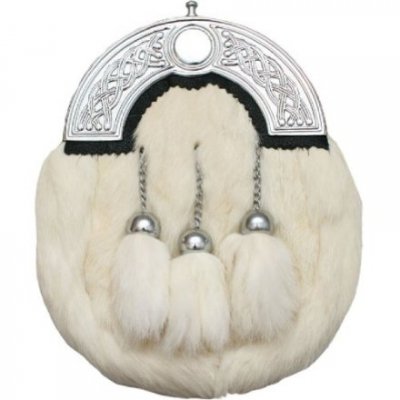 Scottish HIGHLAND White RABBIT FUR Skin 3 Tassel Leather Kilt SPORRAN OR POUCH