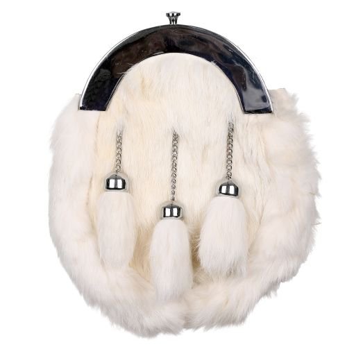 Scottish HIGHLAND White RABBIT FUR 3 Tassel Leather Kilt SPORRAN OR KILT BAG