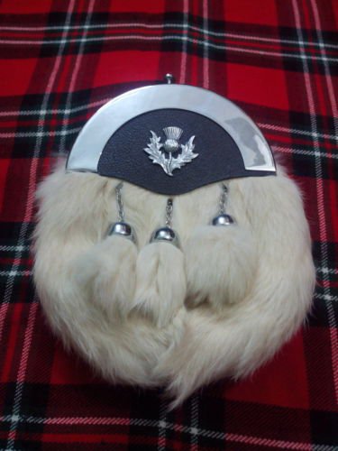 Scottish White RABBIT FUR Skin 3 TASSEL Leather Kilt SPORRAN & Belt