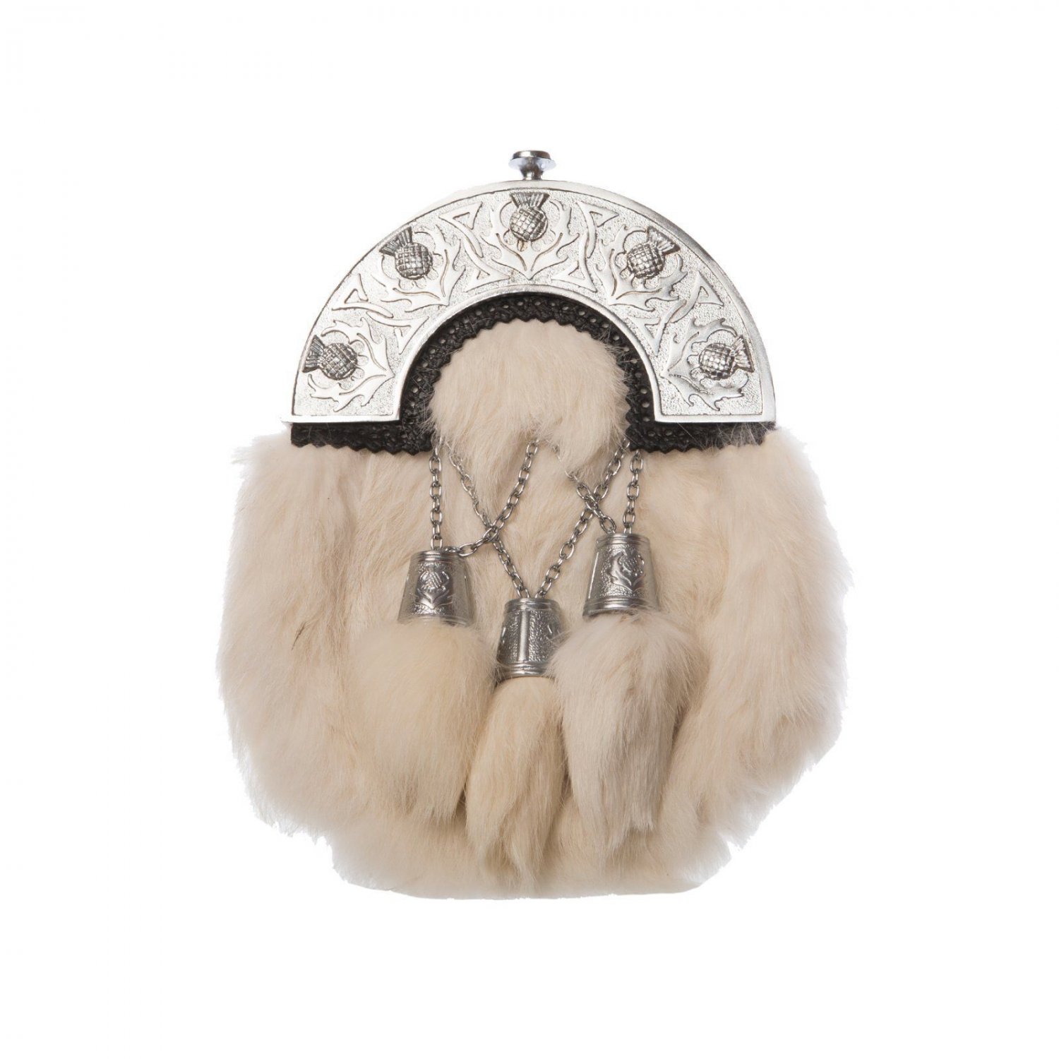 Scottish White RABBIT FUR Skin 3 Tassel Leather Kilt SPORRAN POUCH