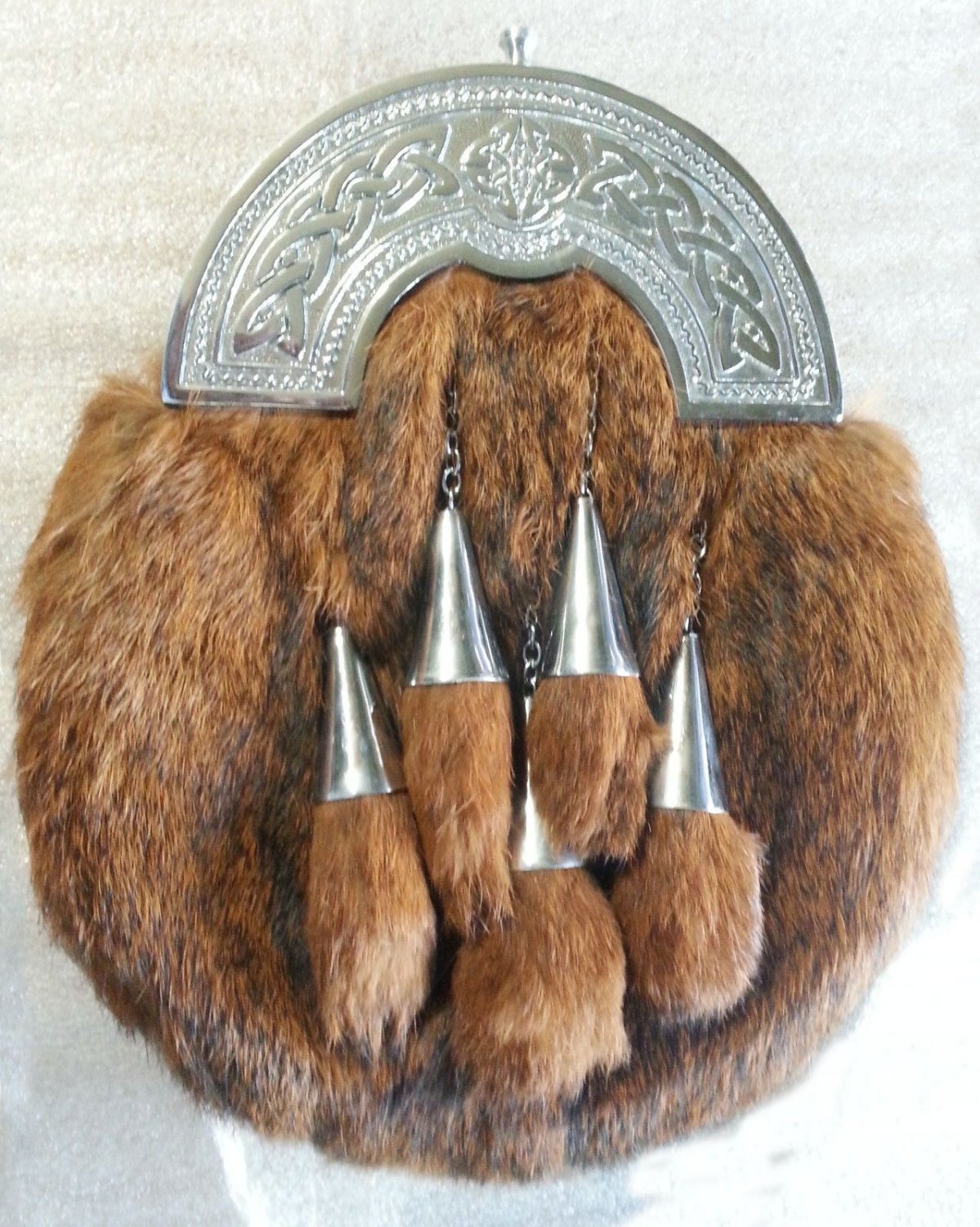 Scottish BROWN FOX FUR Skin 5 TASSELS Kilt SPORRAN