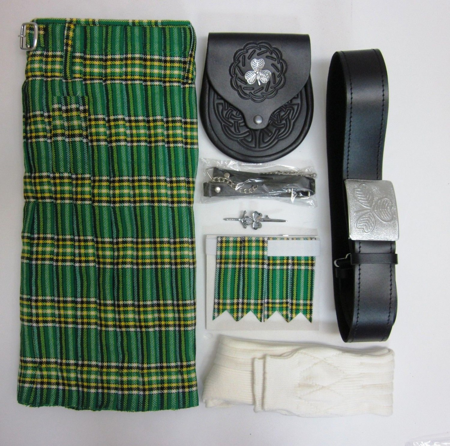 Waist 32 Irish National Tartan Kilt with Sporran Belt Hose and Kilt Pin Flashes