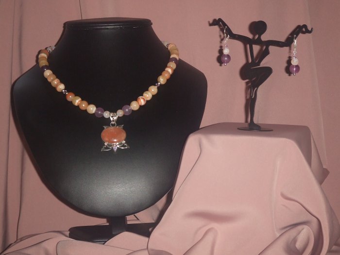Onyx Marble and Amethyst Gemstone Necklace & Earring Set