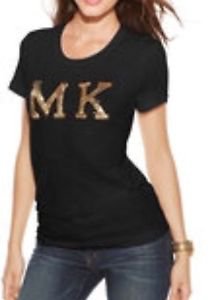 NWT Michael Kors Women's Large Black/gold Sequin Patch Short Sleeve T Shirt $97