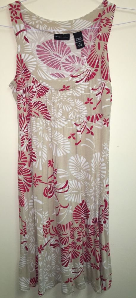 Women's Small New York And Company Dress Tan Red White Floral