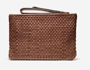 NWT Brown Leather Cole Haan Bethany Weave Pouch Clutch $179