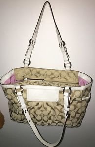 $328 COACH F14281 Signature C Pleated Gallery Tote/Purse HandbagTan Khaki/white