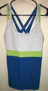Women's Nike Fit Dry Blue white Green Built In Bra Tank Top lg Crisscross Back