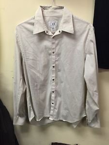 Armani Exchange Large Mens Snap Down White W Black Pin Stripes