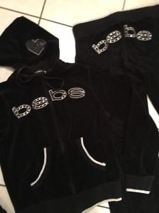 Women's Medium Black Velore Bebe Tracksuit Zip Up Hoodie And Sweatpants Bling