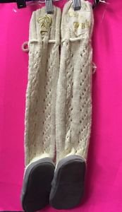 Victorias Secret PINK Cream Muk Luks Sweater Boots Cable Pom Poms Gold "P" Sz L
