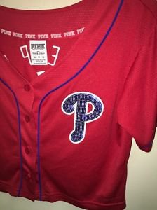 Victoria's Secret Pink Xs Red Philadelphia Phillies Button Up Crop Bling Jersey