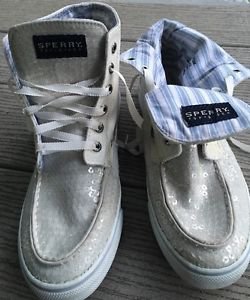 Sperry Top Sider Women's Size 7.5 White Sequins High Tops Fold Downs