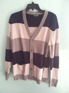 Men's Medium Navy And Gray Striped Express Button Down Cardigan