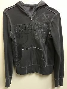 Women's Small Dark Grey Hurley Zip Up Hoodie Floral Embroidered Stitching