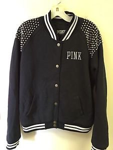 Victoria's Secret Pink Medium Black Varsity Jacket Coat Studded ShoulderS