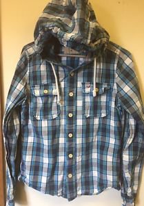 Mens Medium Hollister Button Down Shirt Blue Plaid Hooded Long Sleeve Shirt