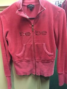 Women's Medium Red Bebe Velore Zip Up Hoodie Jacket Sweater- Rhinestones Bling