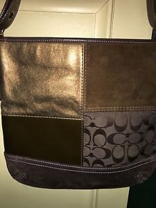 AUTH COACH Brown Signature Patchwork Slim Duffle Crossbody F104021 Handbag