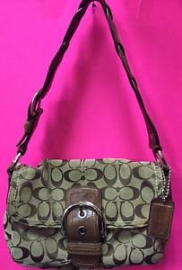 COACH 11862 SOHO SIGNATURE POCKET FLAP Jacquard Brown Tan Leather Trim Purse