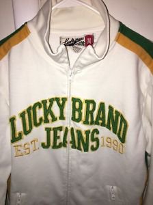 Lucky Brand Jeans Men's Medium White Green Yellow Zip Up Sweatshirt Track Jacket