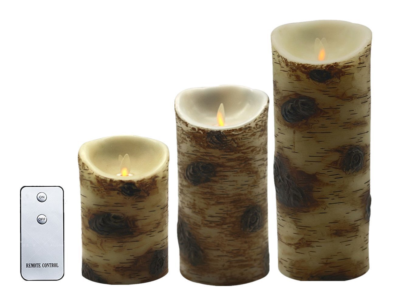 Realistic Dancing Flame Wax LED Flameless Candles Pillar Remote Included - Unscent Birch Candle