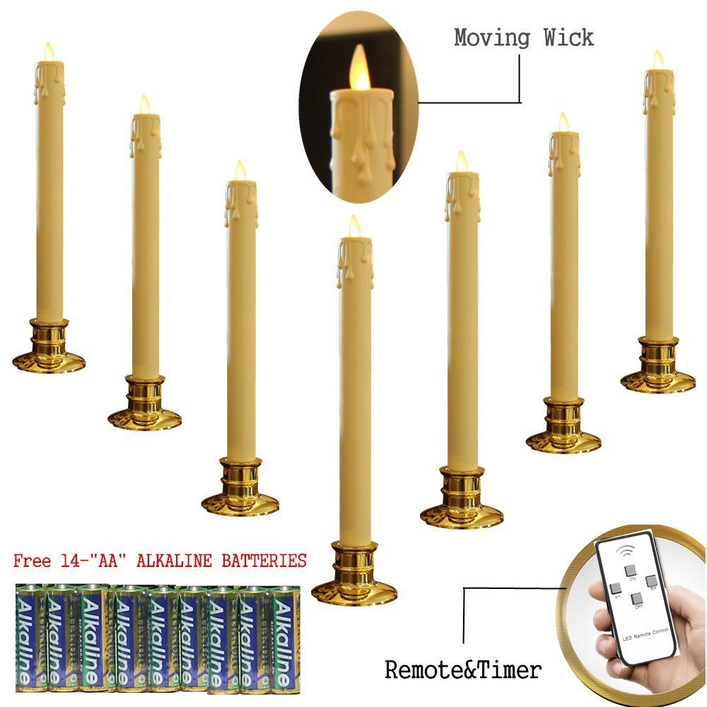7 Pcs Remote Ready Flameless Moving Wick Taper Candle with Holder and 14 AA batteries