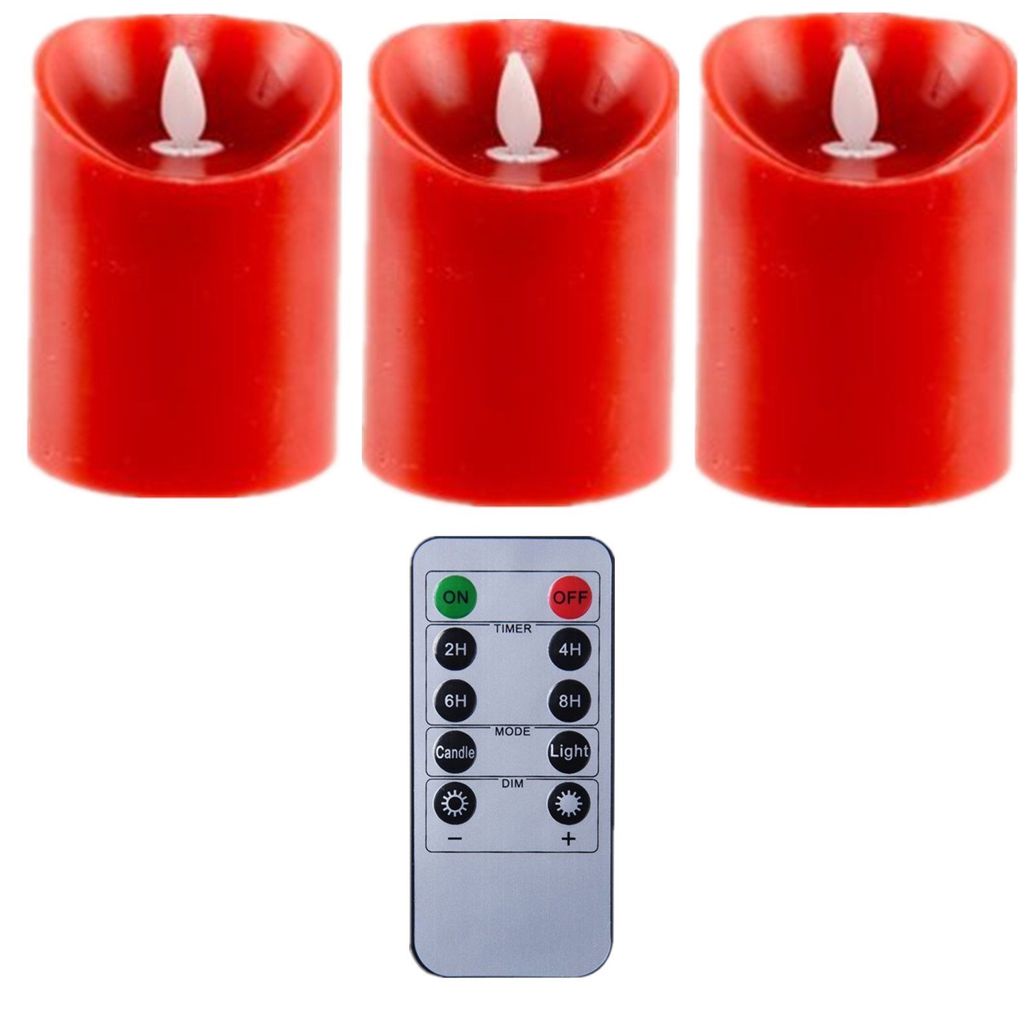 REMOTE RED Moving Wick Flameless Pillar LED Wax Candle 3*4 inch set of 3