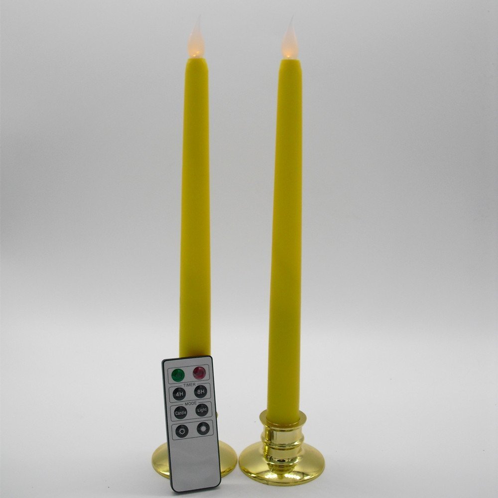 Set of 2 Remote Control Flameless Yellow Flickering LED Taper Candle with Holder