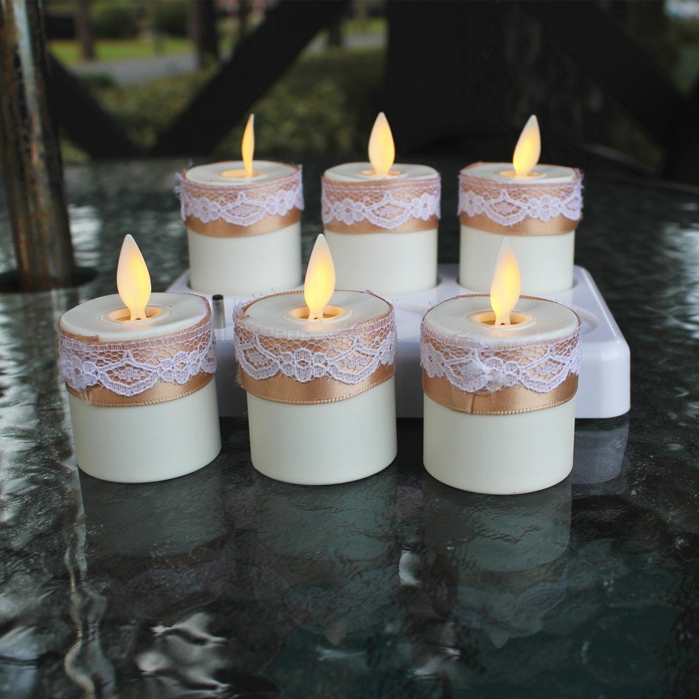 Set of 6 Rechargeable Flameless Moving Wick LED Tea Light Candles with Remote Control and Lace