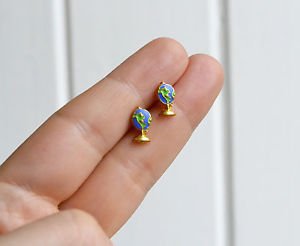 Globe earrings - handmade tiny enamel Earth studs/posts