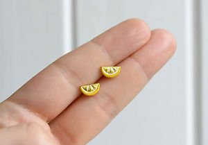 Lemon earrings - handmade tiny lemon slice citrus fruit enamel studs/posts