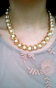Golden pearl and chain necklace - vintage golden tone thick chain and pearl