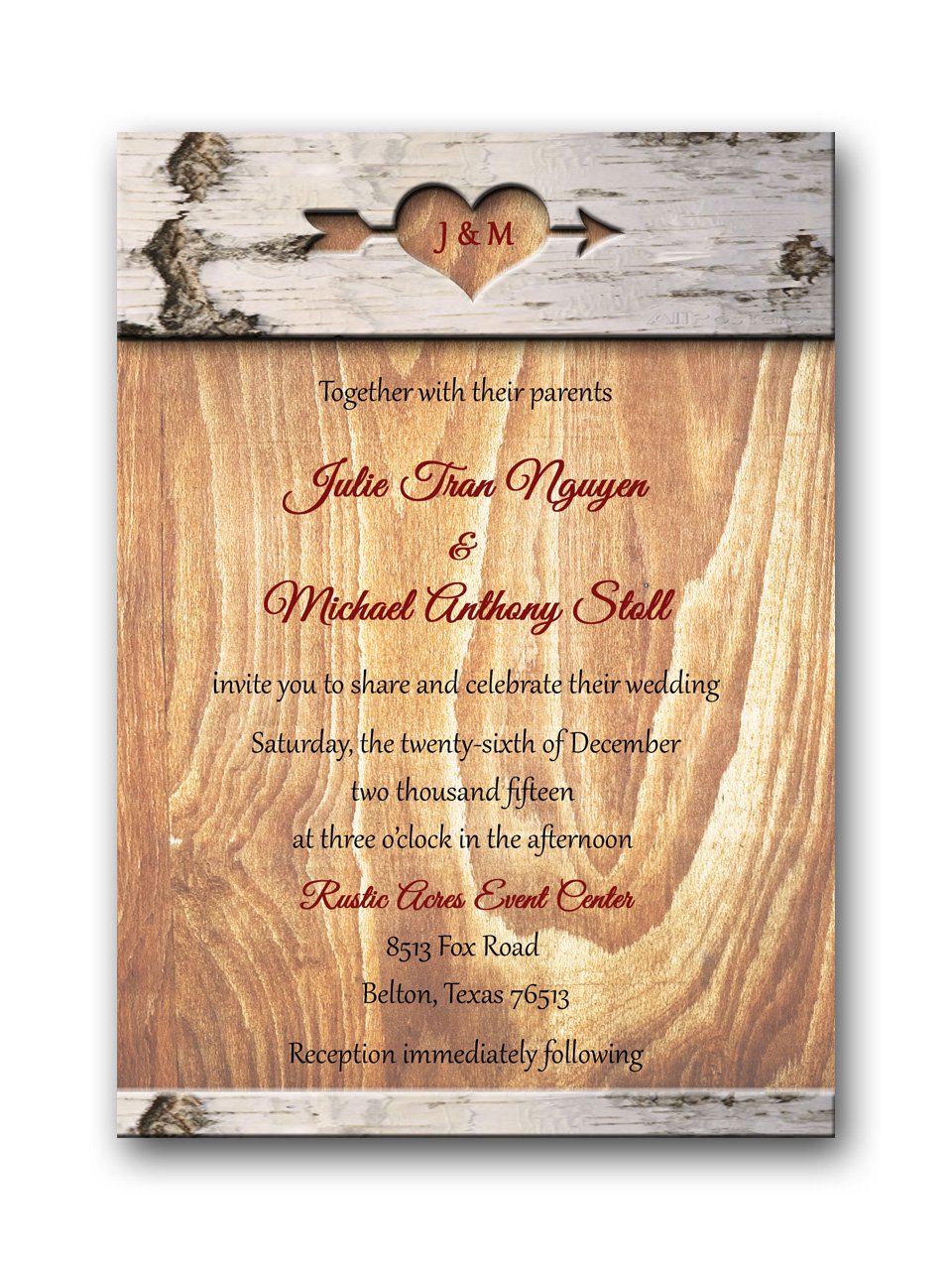 Carved in wood Wedding Invitation & RSVP