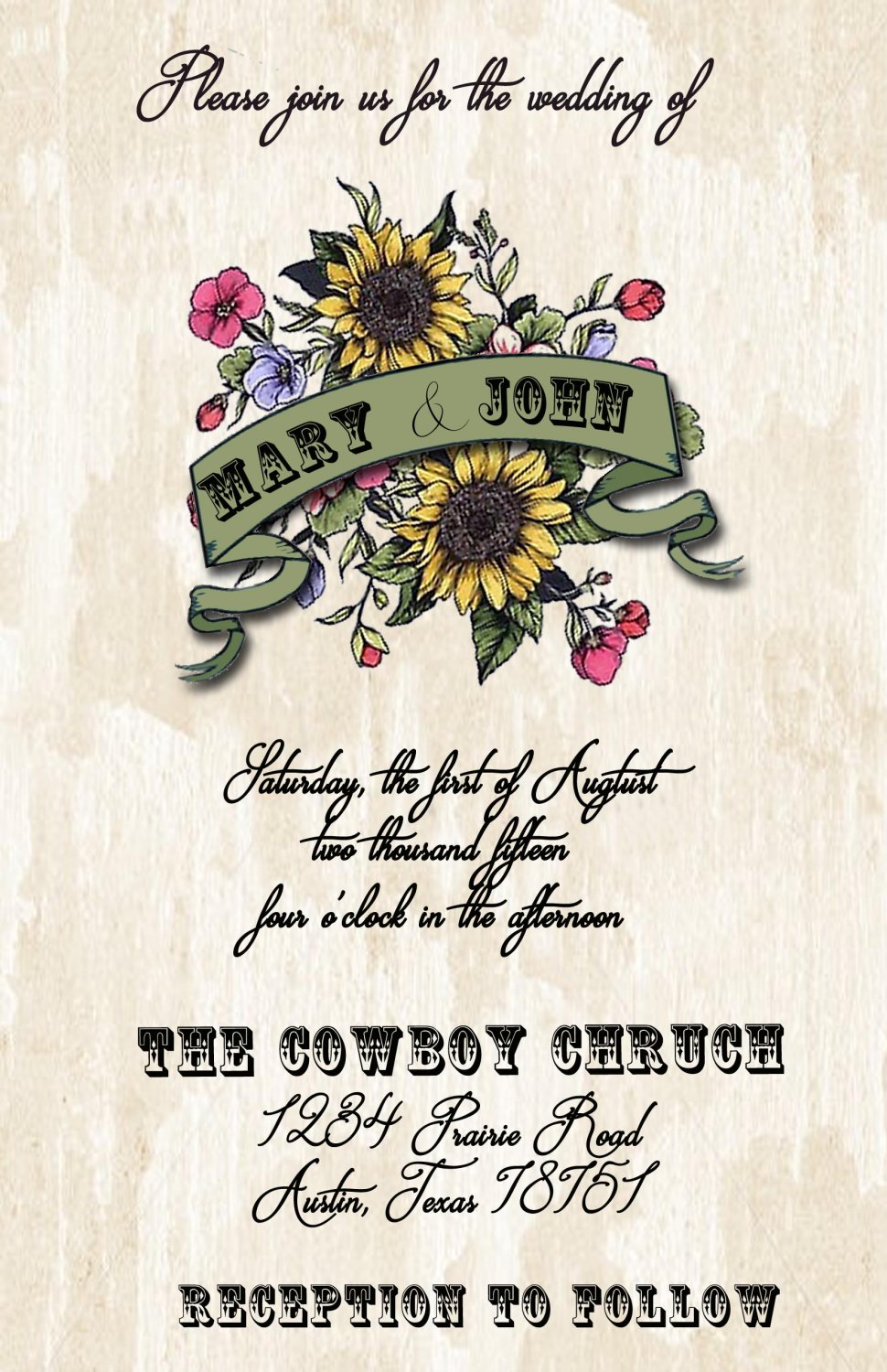 Rustic Flowers with Banner Wedding Invitation & RSVP