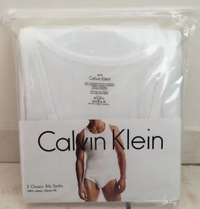 Men's Calvin Klein 3 Three Pack Classic Fit 100% Cotton Rib Tanks Top White