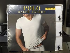 Polo Ralph Lauren Slim Fit Three 3 Pack Cotton V Neck T Tee Shirt White