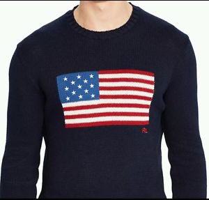 Polo Ralph Lauren Mens USA America Flag Patch Navy Crewneck Cotton Sweater Small