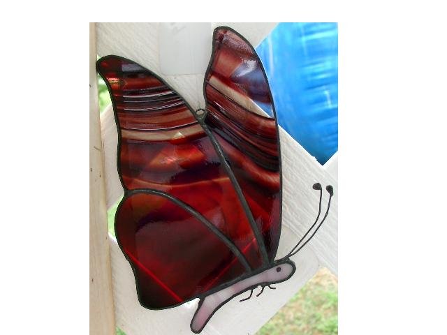 BURGANDY STAINED GLASS BUTTERFLY SUNCATCHER HANDCRAFTED