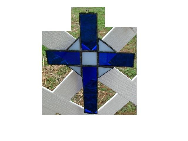 BLUE AND WHITE STAINED GLASS CROSS SUNCATCHER HANDCRAFTED