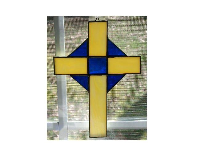 HANDCRAFTED STAINED GLASS BLUE AND YELLOW CROSS SUNCATCHER