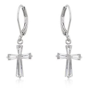 Cubic Zirconia Silvertone Cross Earrings