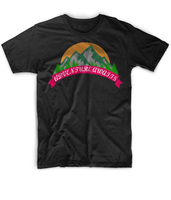 Black Men Tshirt Adventure Awaits - Hiking T Shirt - Mountains Black Tshirt For Men
