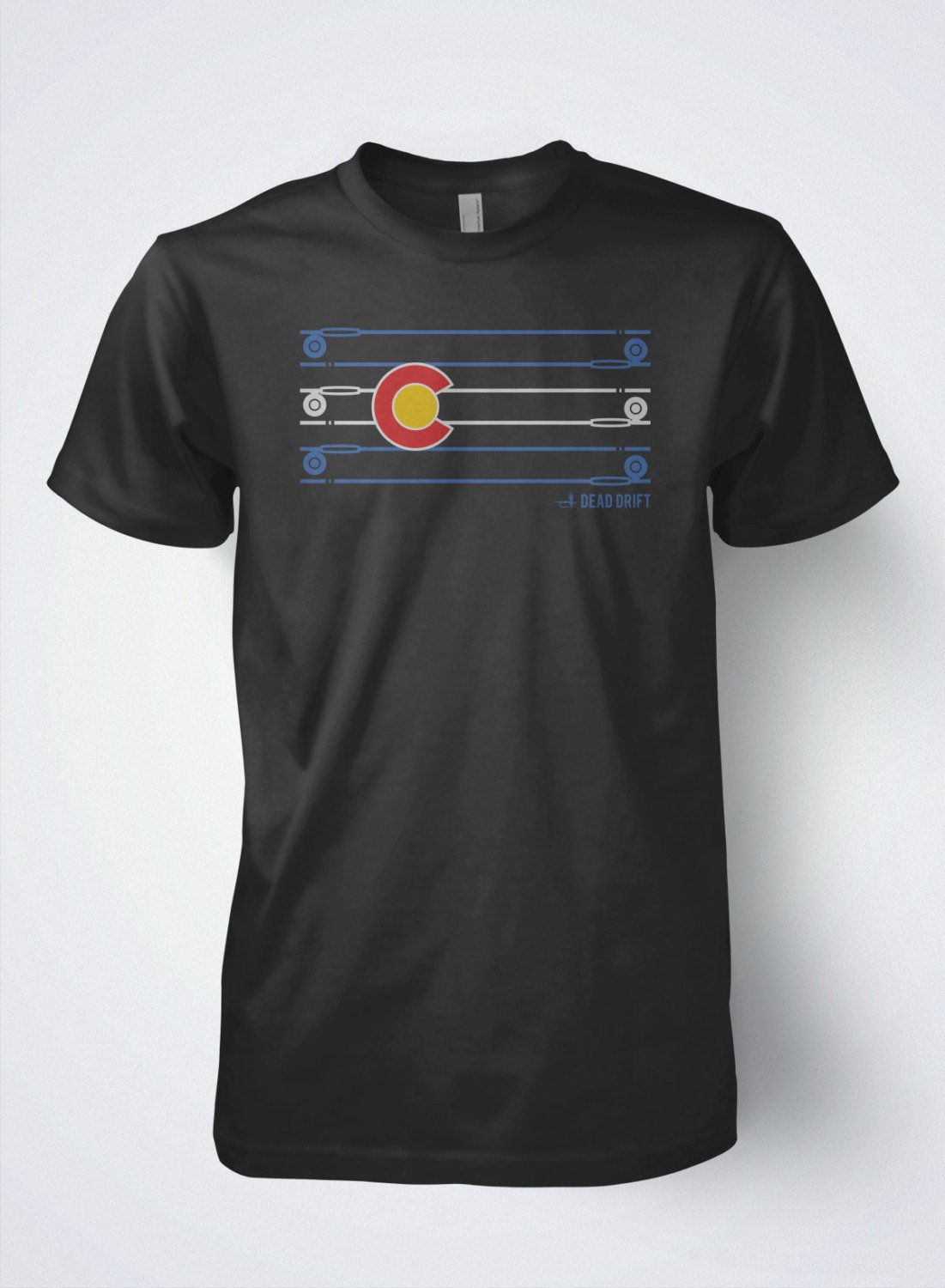 Black Men Tshirt Fly Fishing T shirt - Colorado Flag Rod and Reel by Dead Drift Fly Fishing