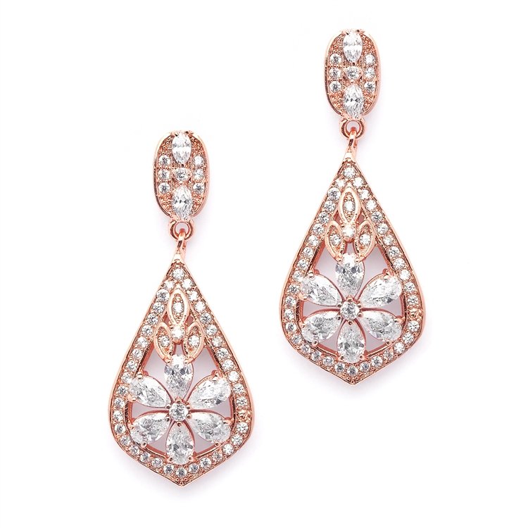 14k Rose Gold CZ Bridal Chandelier Earrings