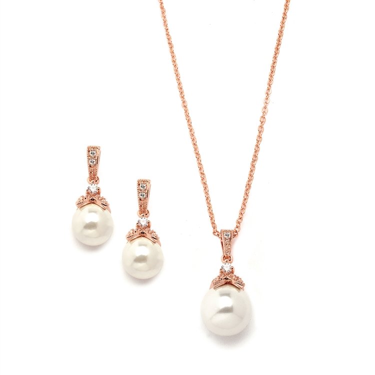 14k Rose Gold Pearl Bridal Jewelry Set